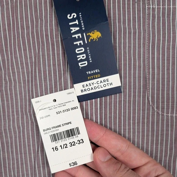 Stafford Shirt Mens 16.5 32/33 Red Stripe Fitted Travel Easy Care Broadcloth - Picture 5 of 10